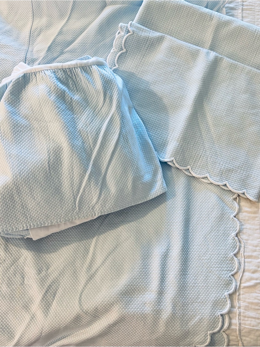 Matouk Pale Blue Waffle Weave King Size Coverlet, Shams and Dust Ruffle
